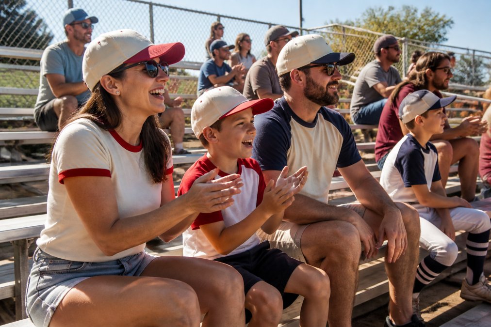 A family sitting on aluminum bleachers at a youth baseball tournament, parents and kids wearing vintage-inspired caps and tees in team colors, cheering in warm afternoon sunlight
