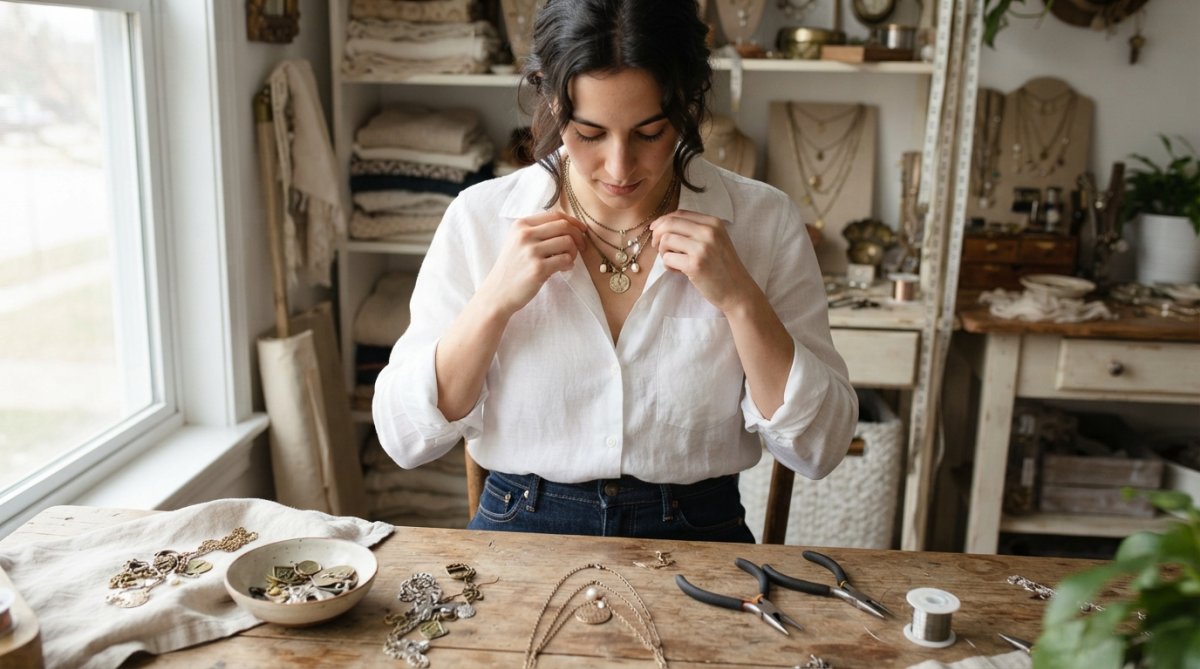 Woman wearing delicate layered vintage-inspired necklaces with a simple white linen shirt and dark denim, photographed in natural daylight with soft shadows emphasizing the jewelry details