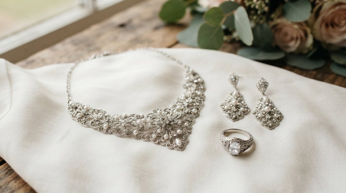 Close-up of delicate vintage-inspired jewelry pieces including a statement necklace with filigree details, ornate earrings, and a vintage-inspired ring displayed on white silk fabric with soft, romantic lighting