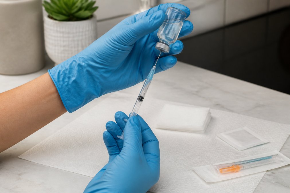 Close-up of gloved hands drawing clear liquid from a small glass vial into a syringe on a clean, well-lit countertop with alcohol swabs, a sterile gauze pad, and a sealed needle package arranged nearby