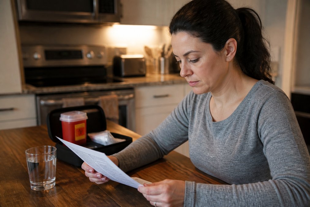 Person sitting at a kitchen table reviewing a printed medication information sheet under warm overhead lighting, with a glass of water and a small medical supply kit with a sealed sharps container visible in the background