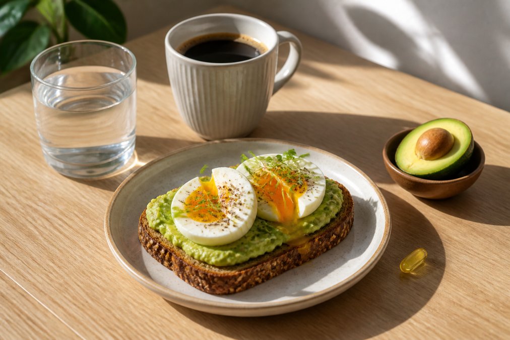 A healthy breakfast scene on a light wooden table: avocado toast, soft-boiled eggs, and a single supplement capsule beside a glass of water and a cup of coffee in natural morning light