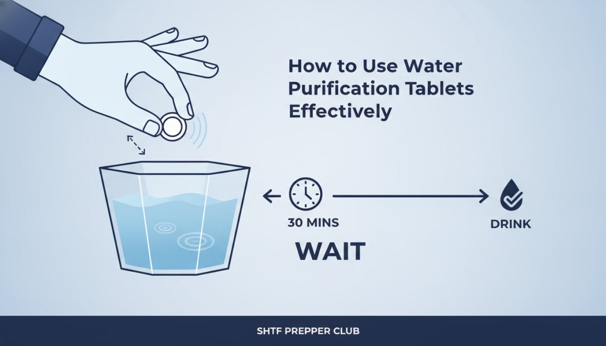Close-up of hands holding a water purification tablet over a clear container of untreated water, showing the tablet being dropped into the water