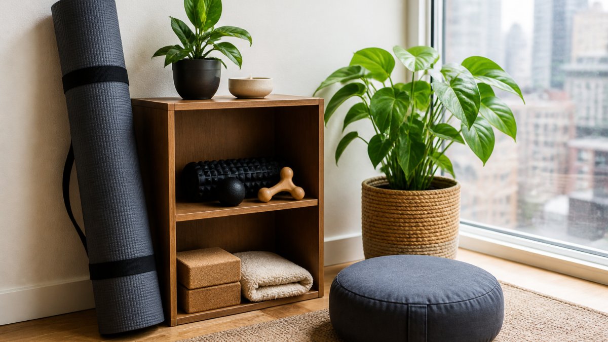 A rolled yoga mat, wooden shelf with massage tools, and a potted plant in a sunny apartment corner.