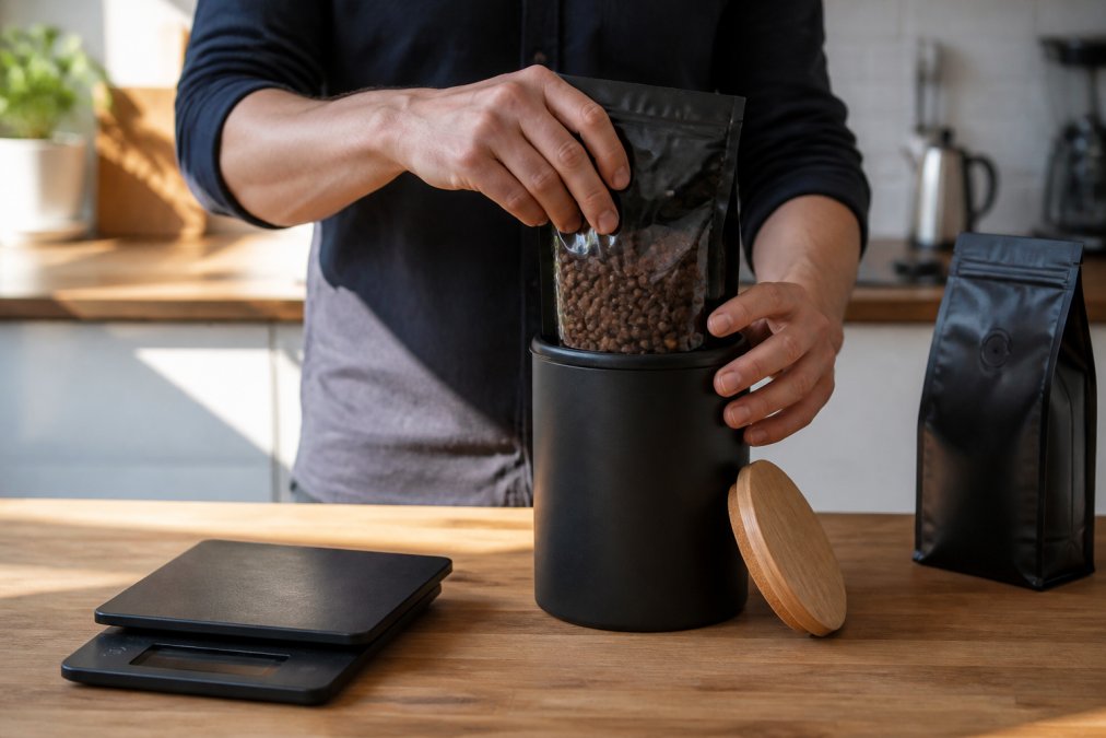 Person sealing fresh whole bean coffee into an airtight canister on a bright kitchen counter