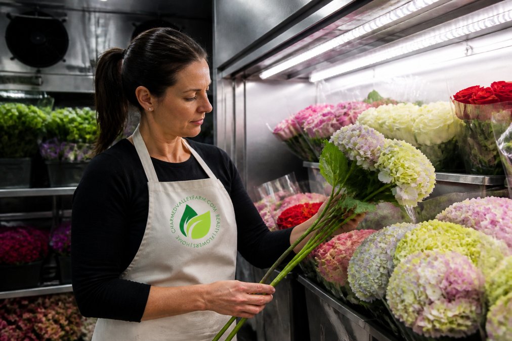 A florist in a white apron inspecting bundles of fresh cut roses and hydrangeas in a commercial cooler, examining stem quality and bloom condition under bright LED grow lights