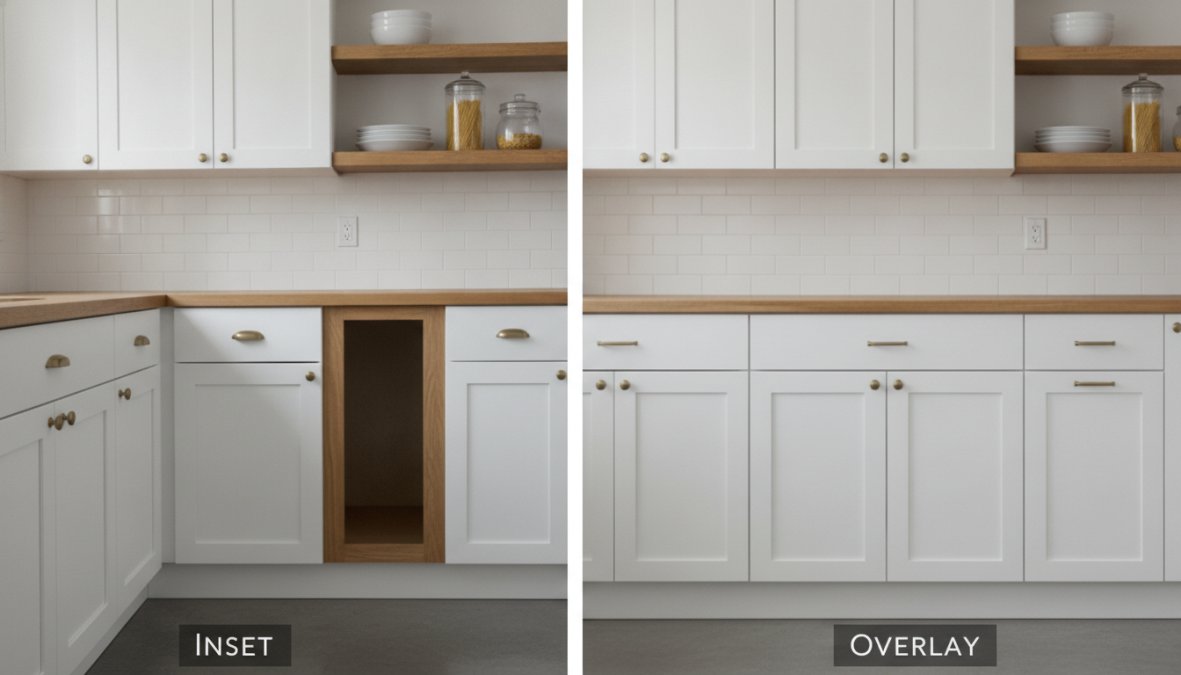 Modern kitchen featuring inset cabinets with flush-mounted doors in natural wood finish, showing precise frame alignment and shadow lines created by recessed door design, professional cabinetry detail under warm pendant lighting