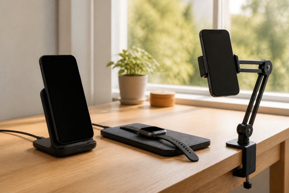 A clean home office desk with a vertical wireless charging stand holding an iPhone, a flat charging mat with a smartwatch resting on it, and a clamp-style phone mount attached to the desk edge, arranged side by side under warm natural window light