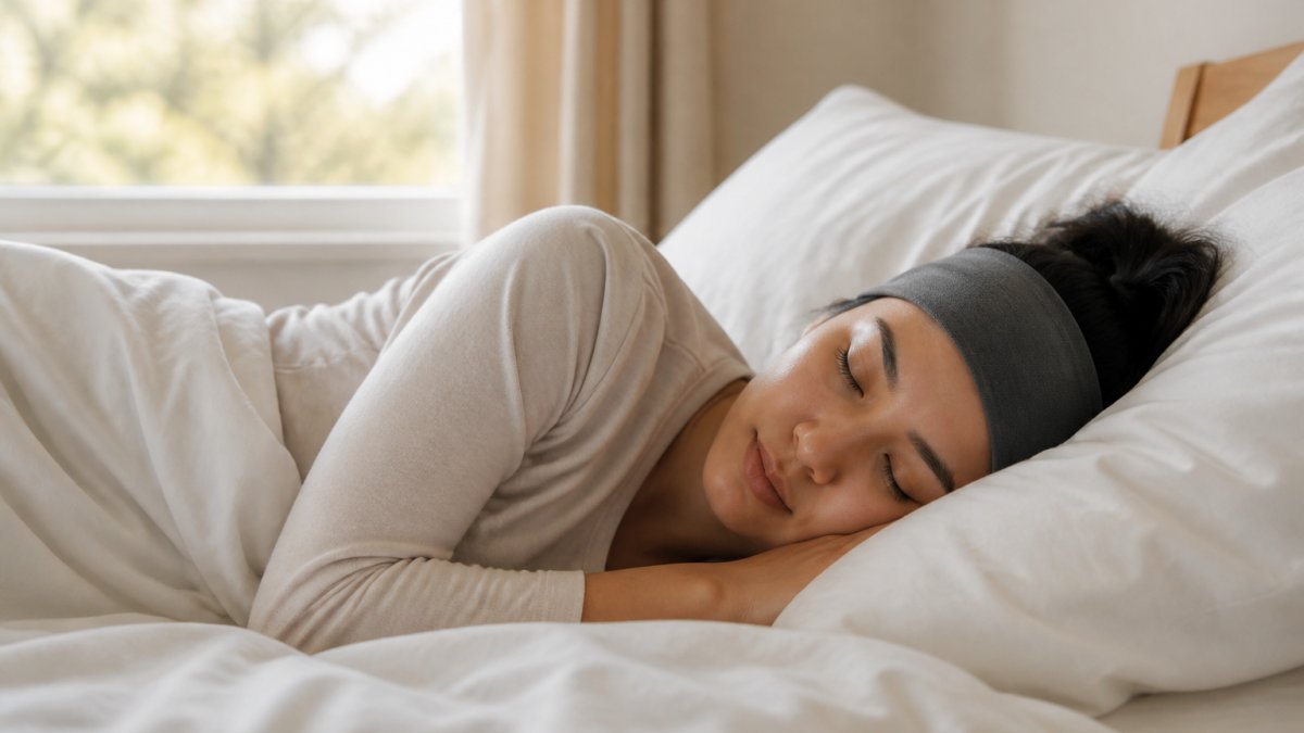 Person lying peacefully on their side in bed wearing a soft fabric headband with integrated speakers, eyes closed in relaxed sleep, with natural morning light from window