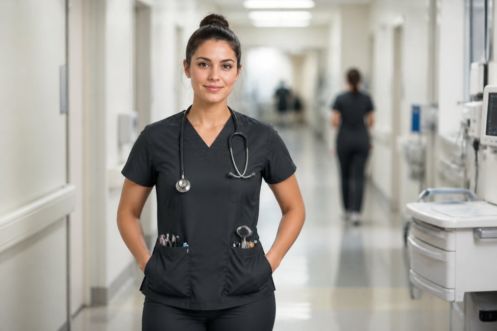 A nurse in modern-fit, dark-colored scrubs standing confidently in a hospital corridor, pockets filled with medical tools, pen visible in chest pocket, warm overhead lighting, professional and composed expression