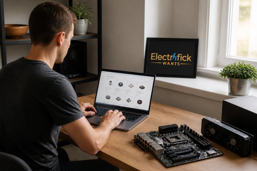Person browsing PC parts on a laptop while researching a buydig vs microcenter comparison in a home office.