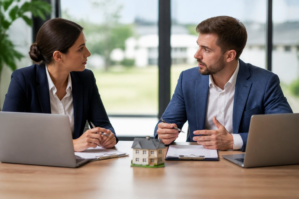 A professional buyer's agent and a seller's agent seated across a table from each other in a bright modern office, each with property documents and a laptop, engaged in a focused discussion about a property transaction