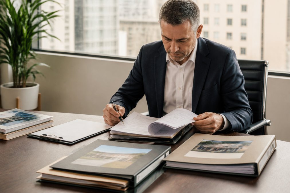 Professional property advisor in business attire reviewing contract documents at a desk with property files and market data visible, natural office lighting