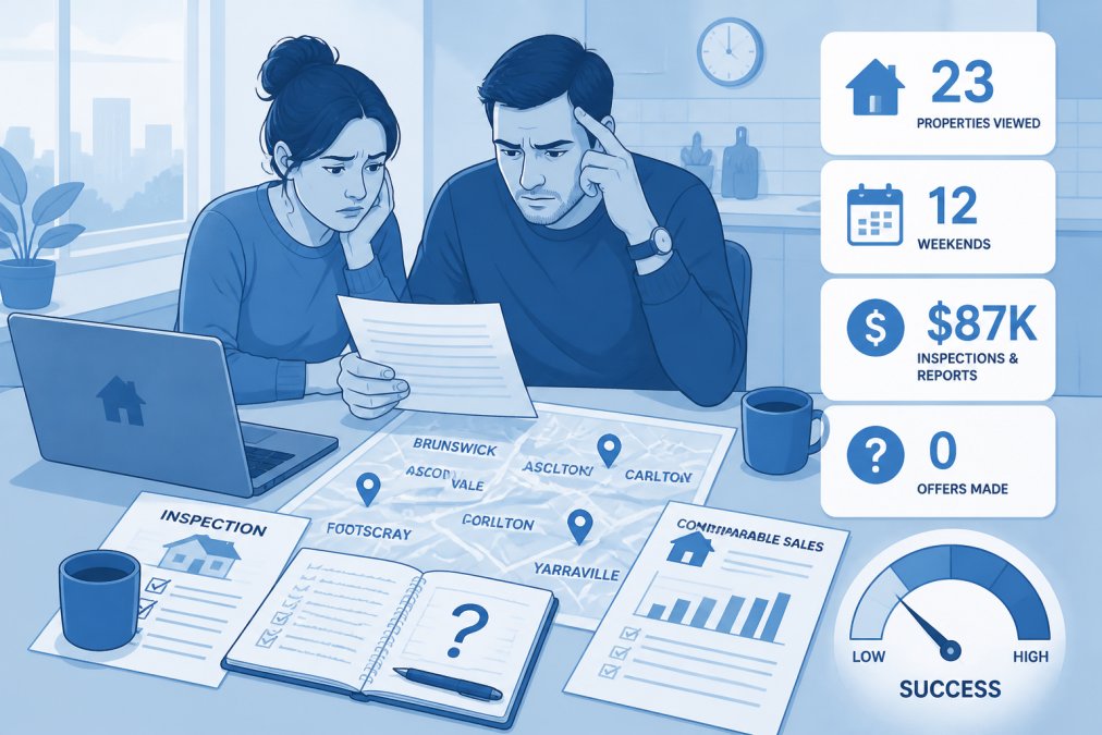 Couple reviewing property documents at a kitchen table with a laptop, looking concerned with suburb maps and inspection reports scattered nearby, warm natural lighting
