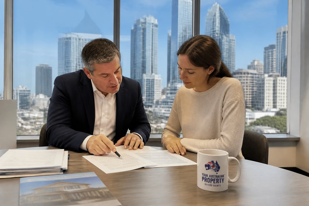 Professional buyer's agent and client reviewing property documents and negotiation strategy at desk with Melbourne cityscape visible through office window