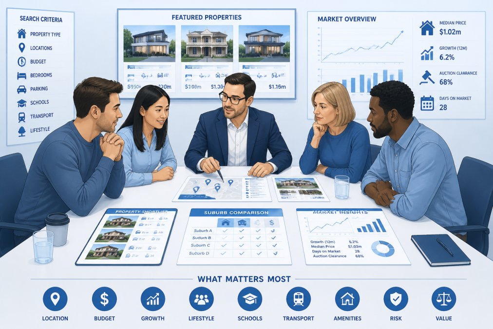 Diverse group of buyers meeting with agent to discuss property search criteria, with property listings and market data visible on table