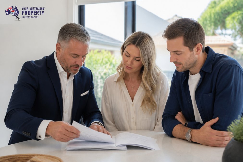 A professional buyer's advocate in Melbourne reviewing property documents with a young couple at an inspection, natural daylight through a large window