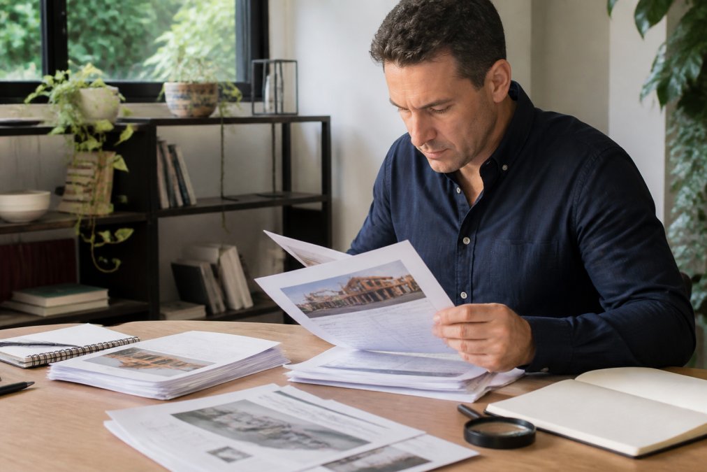 Property investor reviewing inspection reports and market data at a desk with property documents and a laptop in natural office lighting
