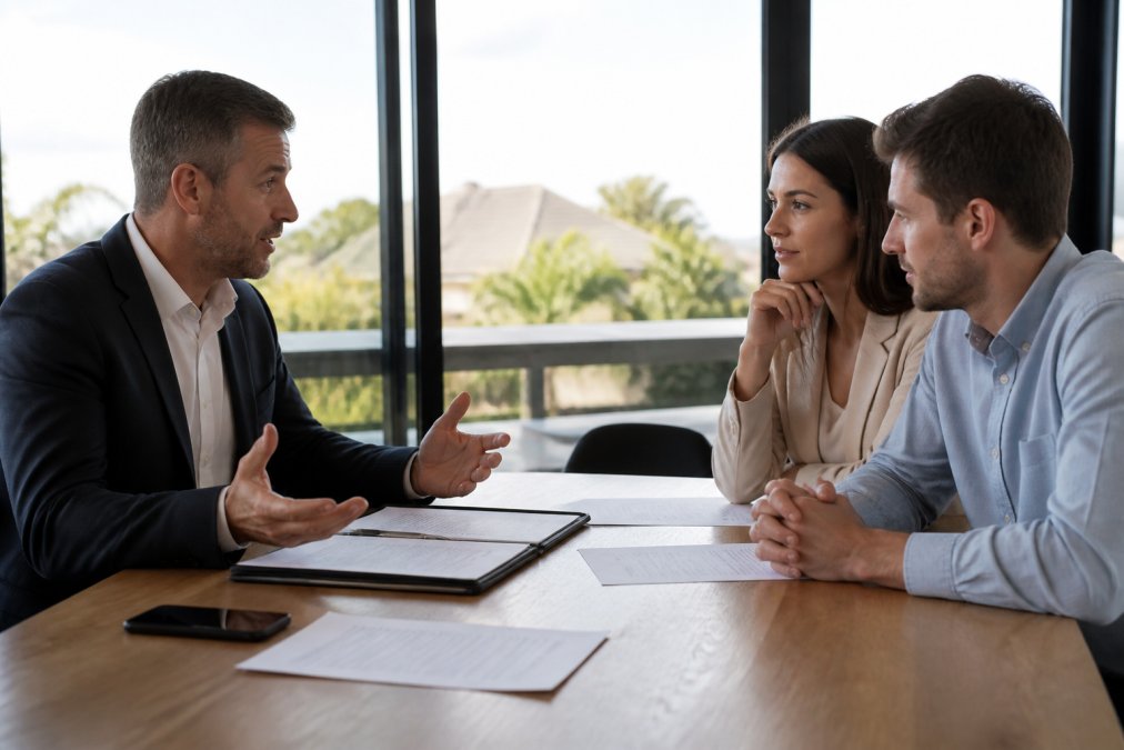 Professional negotiating property terms with confident body language in modern meeting room with contract documents
