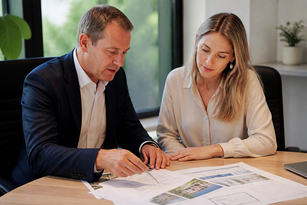 Professional buyers agent and client reviewing property documents and market analysis together at a desk in a modern office, with natural light from large windows