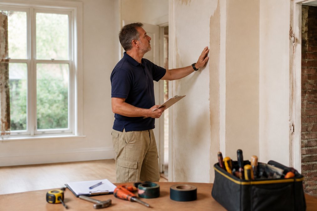 Experienced property professional conducting a detailed property inspection, examining walls and structural features with a clipboard and professional tools in bright natural light