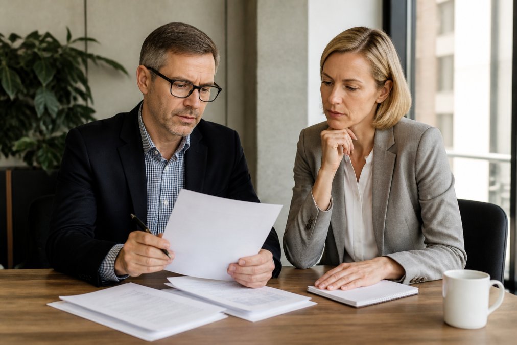 Two business professionals reviewing financial statements and documents at a desk with coffee and notepad visible, natural office lighting