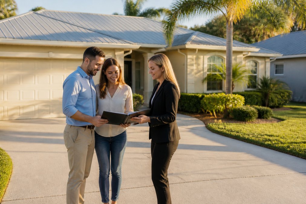 Real estate agent reviewing paperwork with a couple in front of a sunny Flagler County home