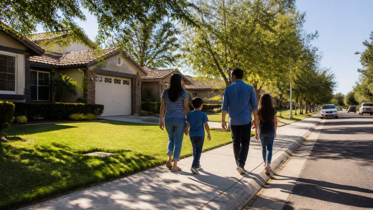 A family walks down a sunny, tree-lined street while buying a home in Merced County, California.