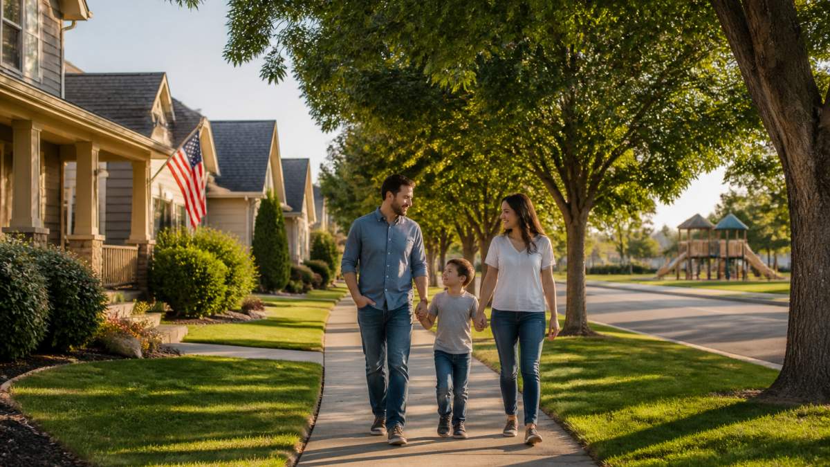 Family walking along tree-lined residential street in Nampa with well-maintained homes, manicured lawns, and neighborhood park visible in the background on a sunny afternoon