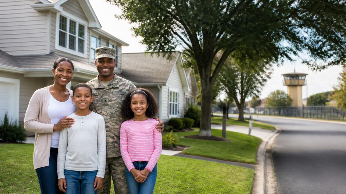 Military family standing in front of a suburban home with servicemember in uniform and family members smiling, tree-lined neighborhood with base access road visible in background