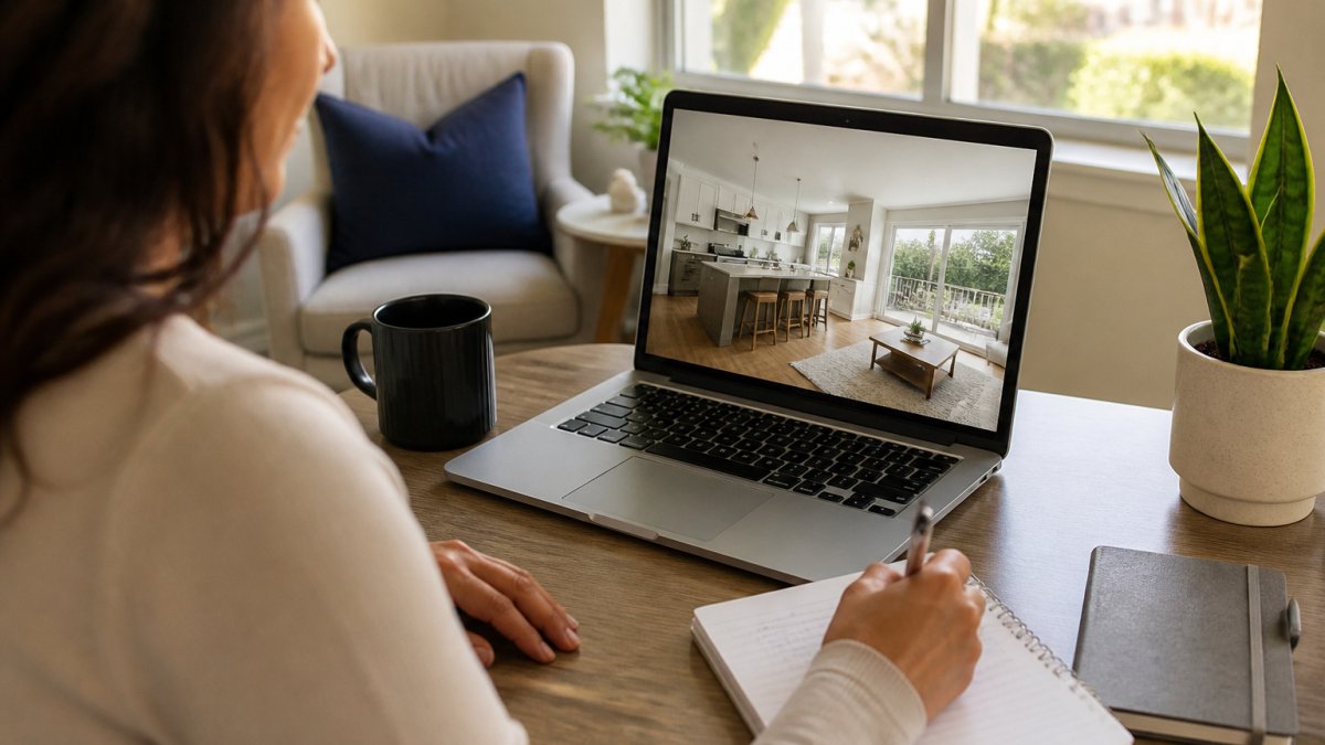 Homebuyer reviewing a live video house tour on a laptop while buying a home remotely in California.