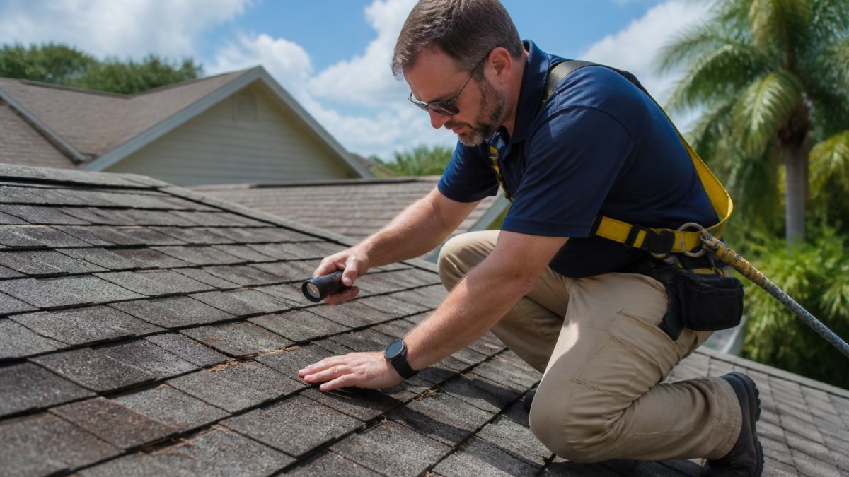 Roofing contractor inspecting shingles while buying home with old roof in Florida
