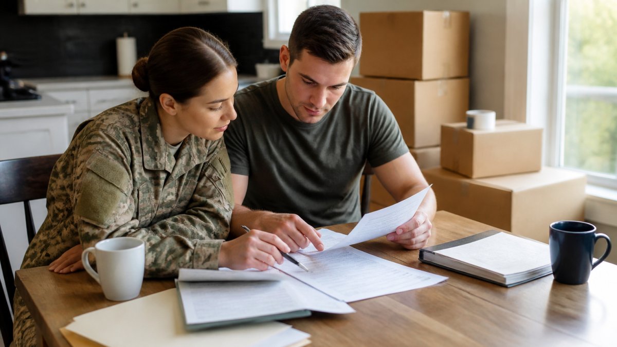A military couple sitting at a kitchen table with a laptop, reviewing a printed homebuying checklist and loan documents, with moving boxes stacked against the wall behind them and warm afternoon light through the window