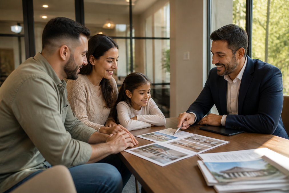Professional real estate agent meeting with a young family in a bright, welcoming office, reviewing home listings and documents together, natural sunlight streaming through windows