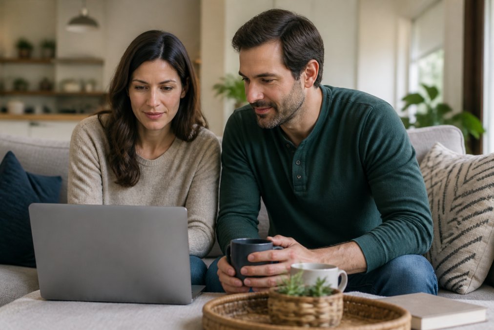 Couple sitting together on their couch at home, looking calm and focused while reviewing home listings on a laptop with coffee nearby, natural afternoon light