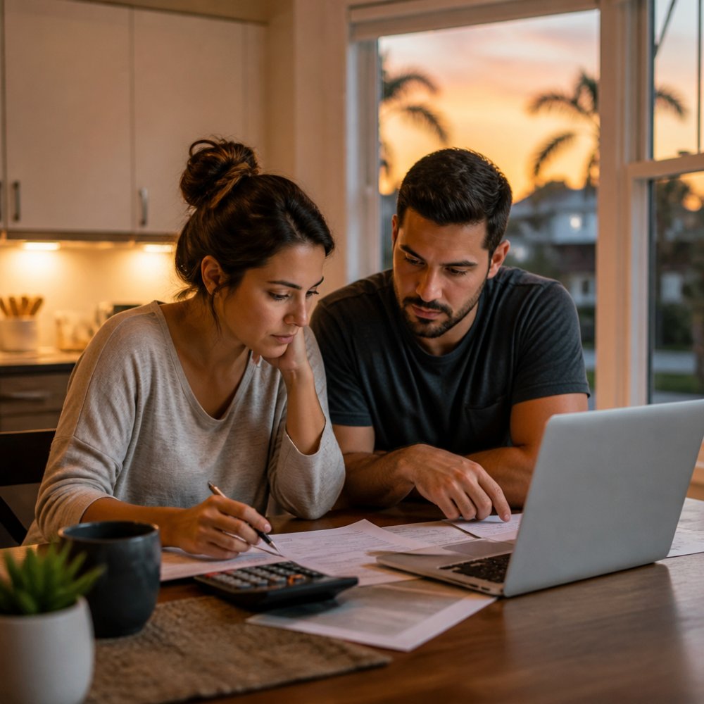 A young couple sitting at a kitchen table with a laptop, calculator, and papers comparing monthly rent and mortgage costs, warm evening light through the window