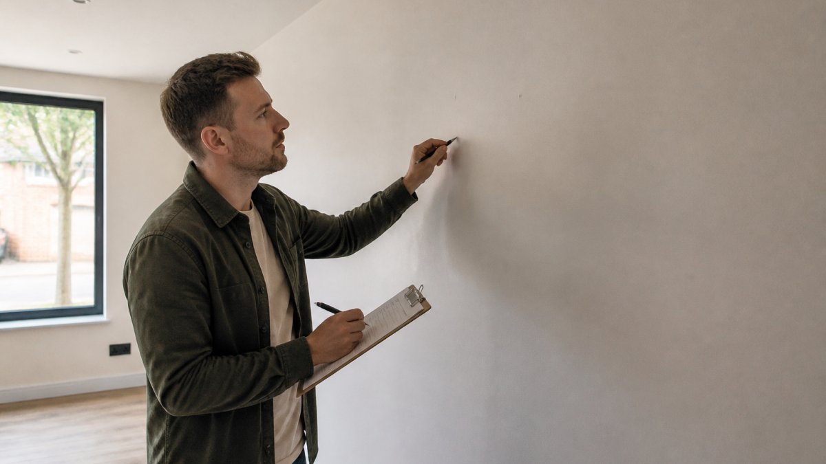 Homeowner inspecting a freshly painted wall in a new build property with a snagging list clipboard