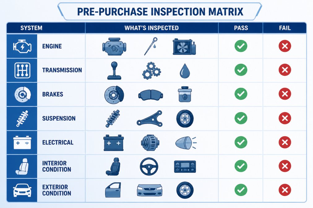 Pre-purchase inspection matrix showing mechanical systems to verify including engine, transmission, brakes, suspension, electrical, interior condition, and exterior condition with pass/fail indicators