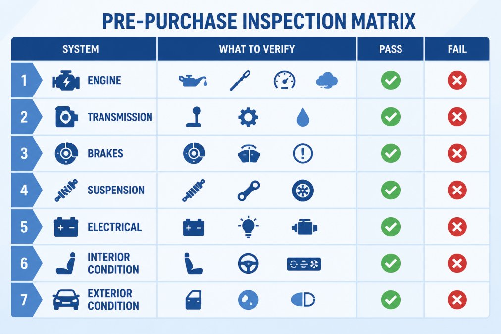 Checklist of key items to verify in a vehicle history report including title status, accident history, odometer readings, lien holders, service records, flood damage, frame damage, and ownership count