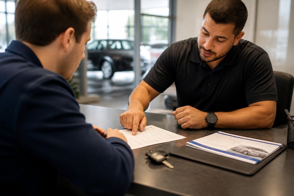 Service advisor reviewing a repair estimate with a customer after buying a used car with warranty coverage.