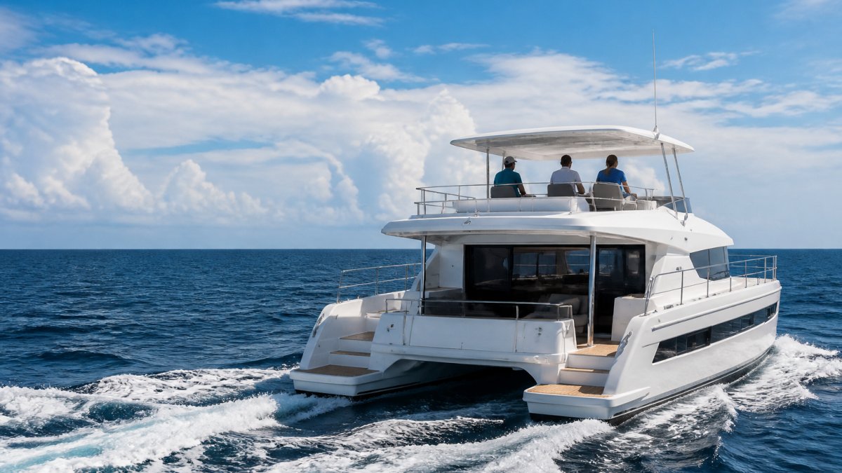 Power catamaran navigating open blue waters with crew on the flybridge under a partly cloudy sky
