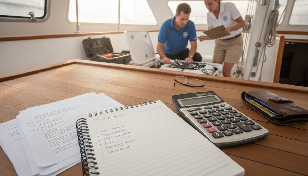 Professional illustration showing luxury and yacht and undergoing concepts for buying a yacht vs chartering
