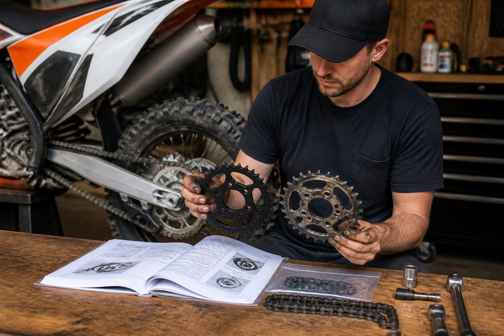 Step-by-step process for verifying aftermarket dirt bike parts against stock components and service manuals.