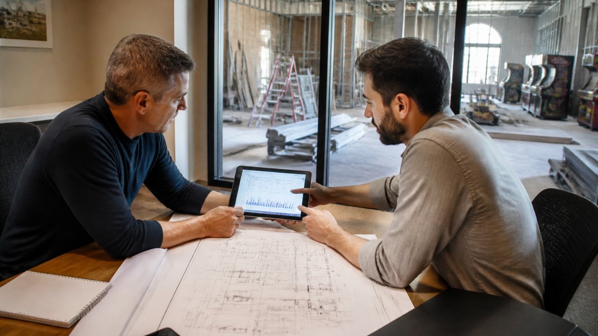 Two business partners at a table reviewing blueprints and a tablet showing financial projections, a half-built arcade visible through a window behind them, warm afternoon light