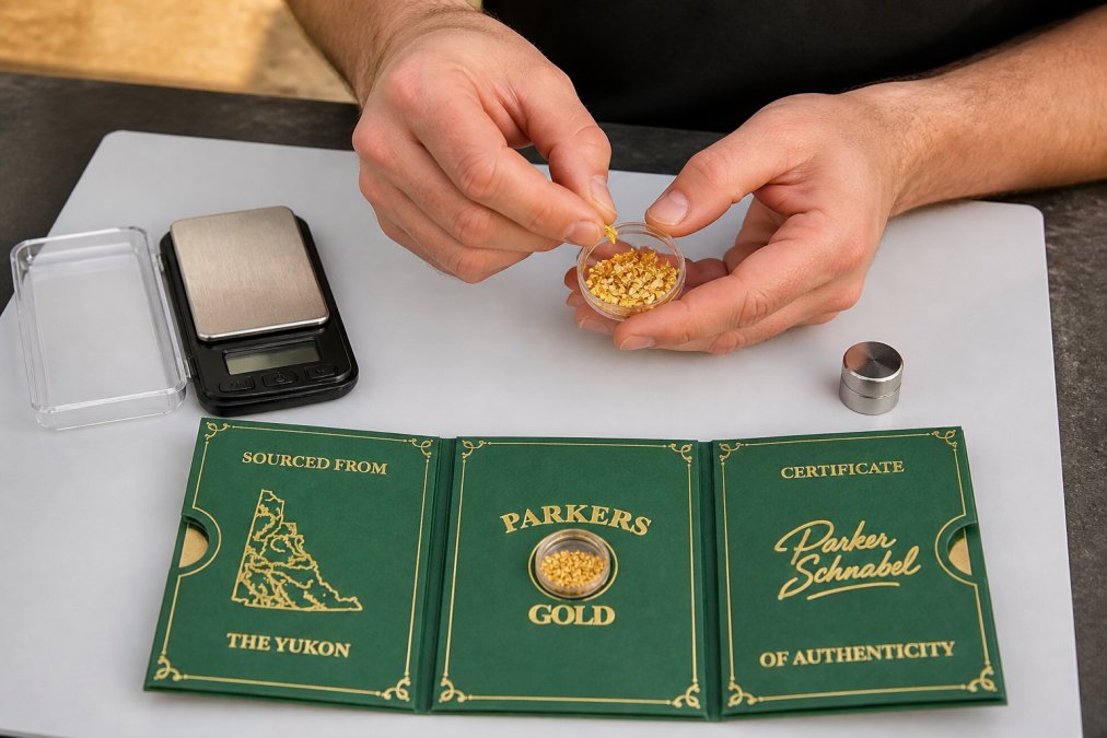Close-up of hands holding raw placer gold flakes over a white testing surface, with a magnet and precision scale positioned nearby, natural daylight illuminating the gold