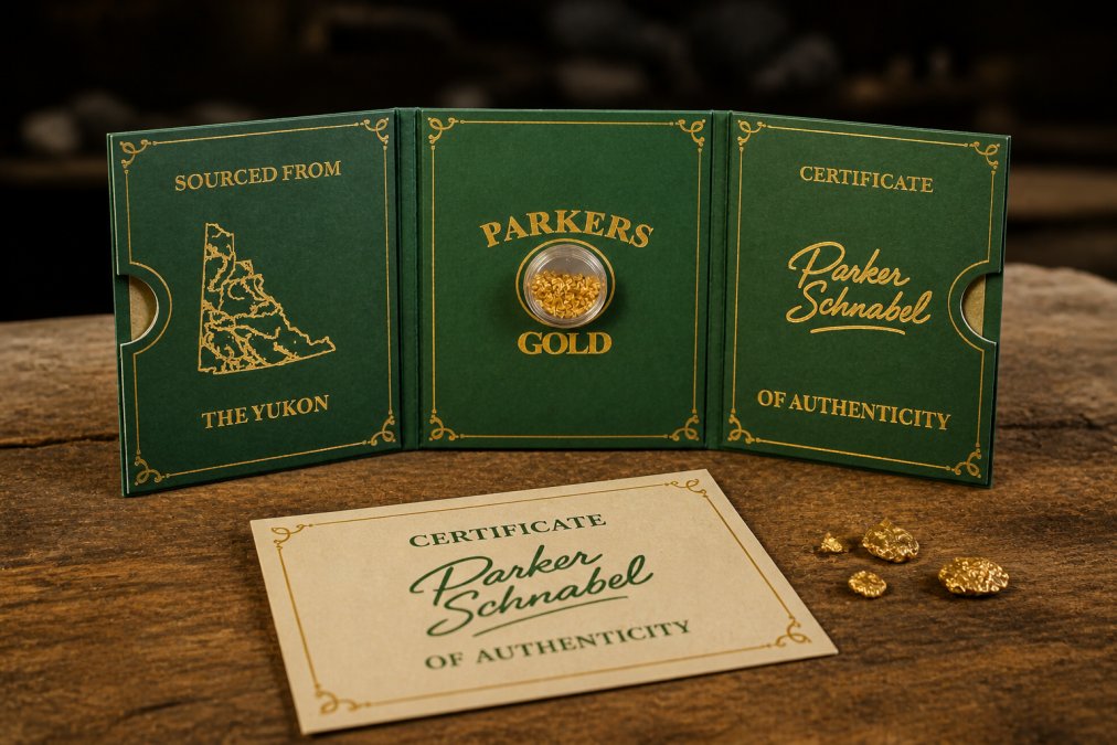 A handcrafted tri-fold display case containing raw placer gold flakes with an official Certificate of Authenticity document positioned beside it on a wooden surface