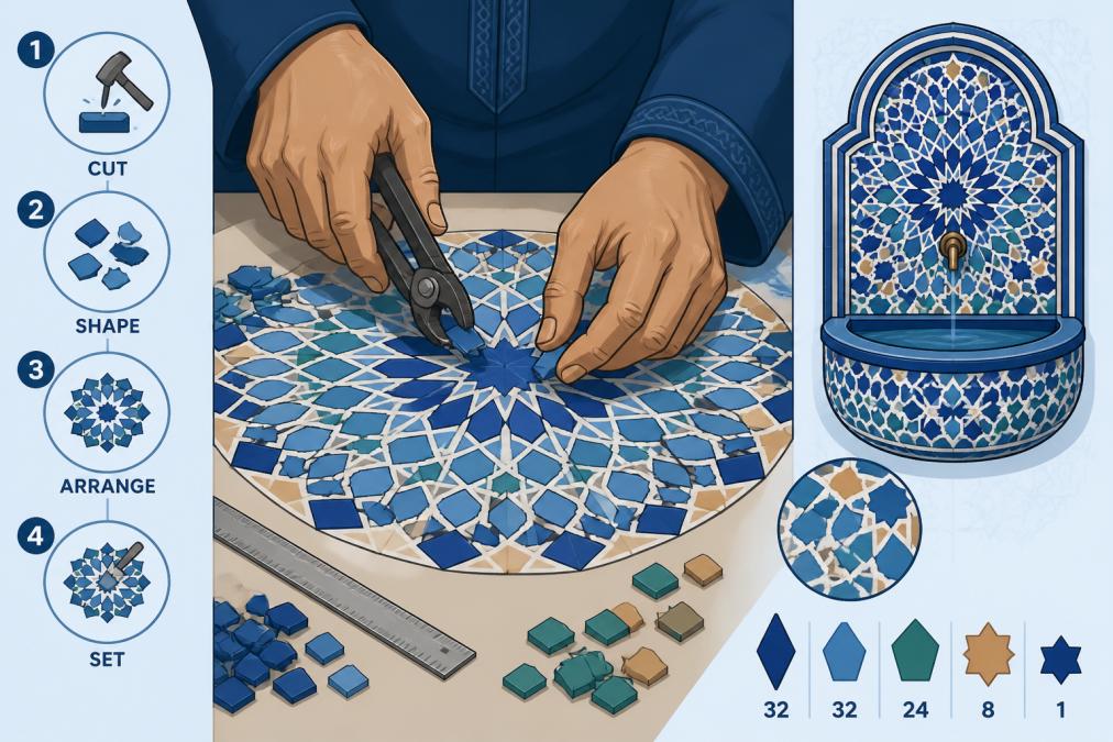 Close-up of artisan hands carefully cutting and arranging intricate geometric zellige tiles in vibrant blues, greens, and earth tones, showing the detailed handwork and precision involved in creating authentic mosaic patterns
