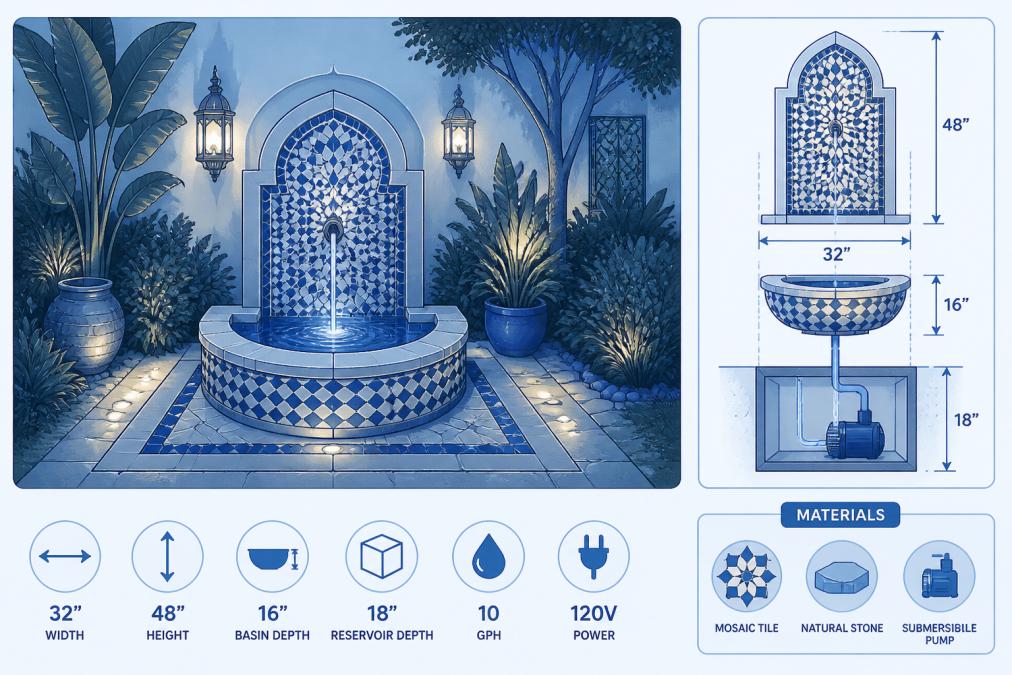 A finished Moroccan mosaic fountain installed in a lush garden courtyard setting with surrounding plants, natural stone, and ambient lighting, showing how the water feature integrates into an outdoor landscape
