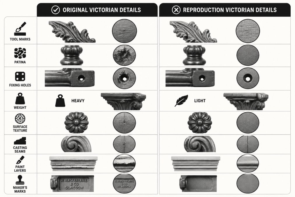 Comparison matrix identifying original versus reproduction Victorian architectural details by material cues.