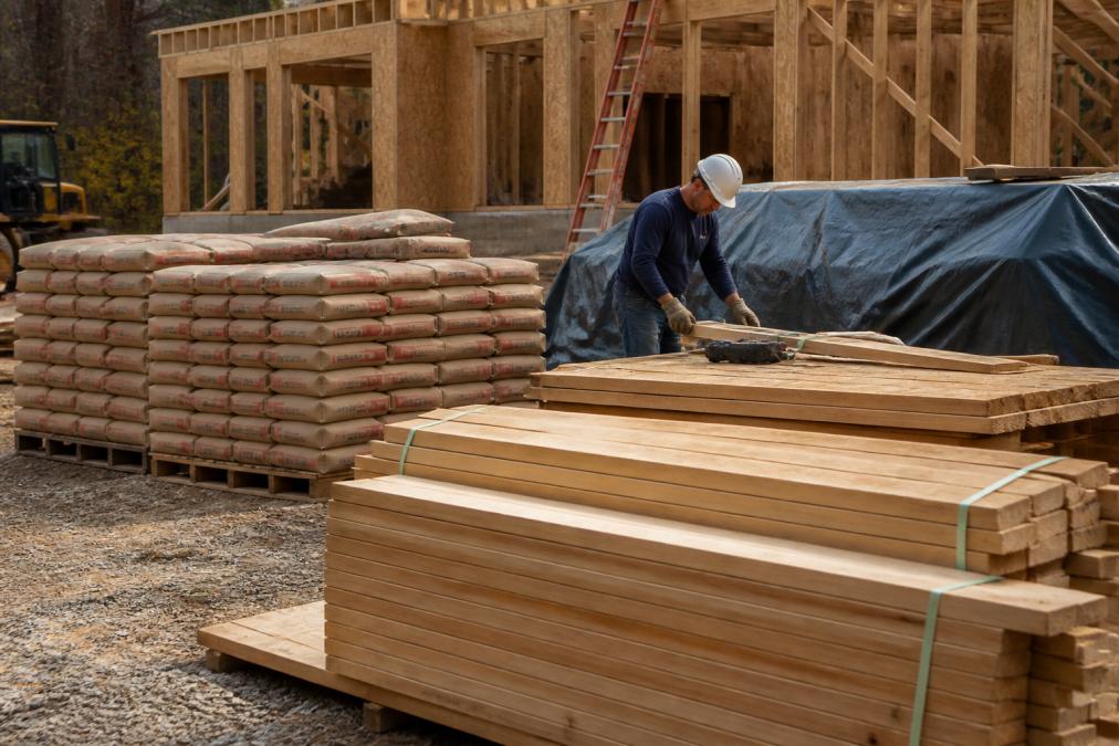 A construction worker organizing lumber and cement for buying building materials on a job site.